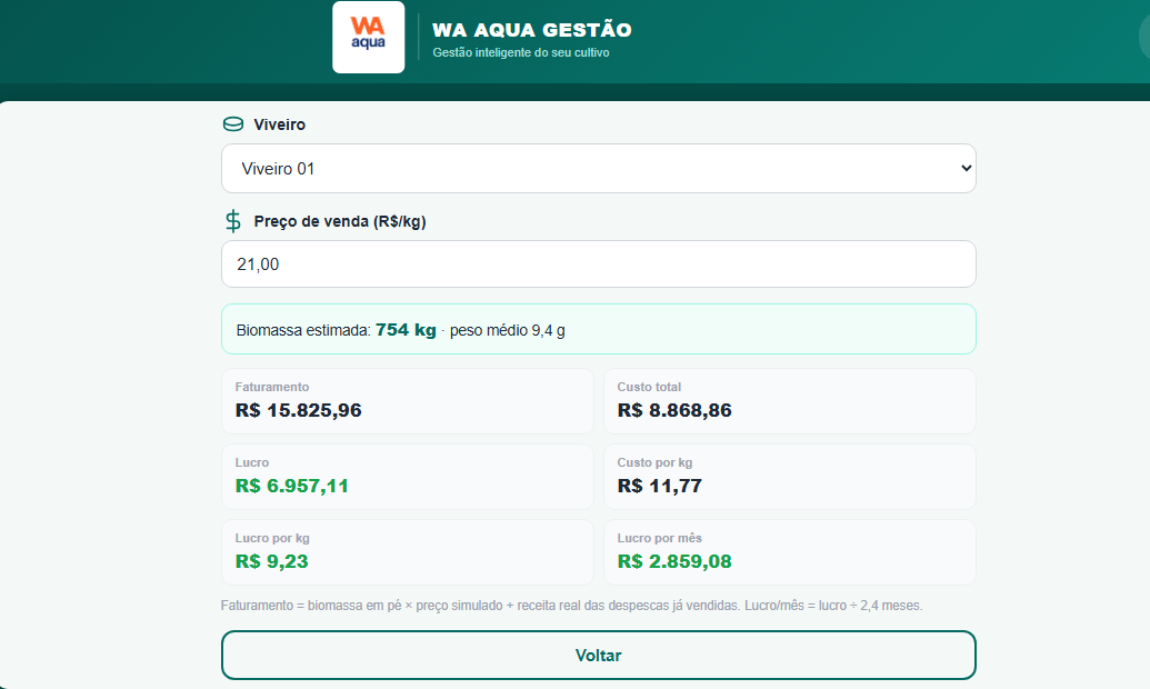 Tela de simulação de venda