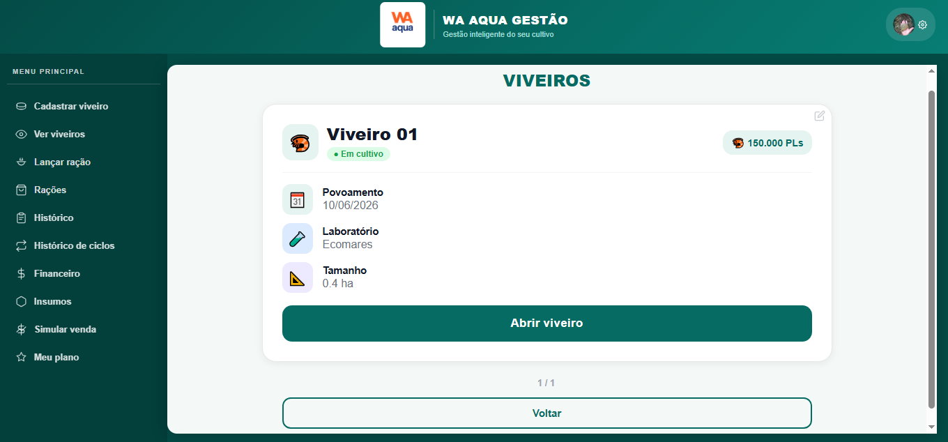 Tela de controle de viveiros
